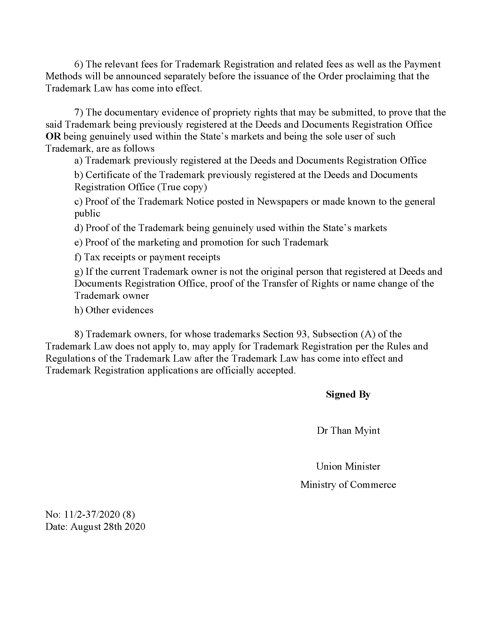 Myanmar Re Filing Ministry of Commerce Order 63-2020
